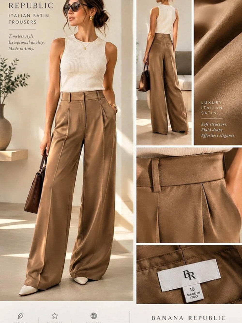 Banana Republic High-Rise Wide-Leg Italian Satin Pant Brown Size 10